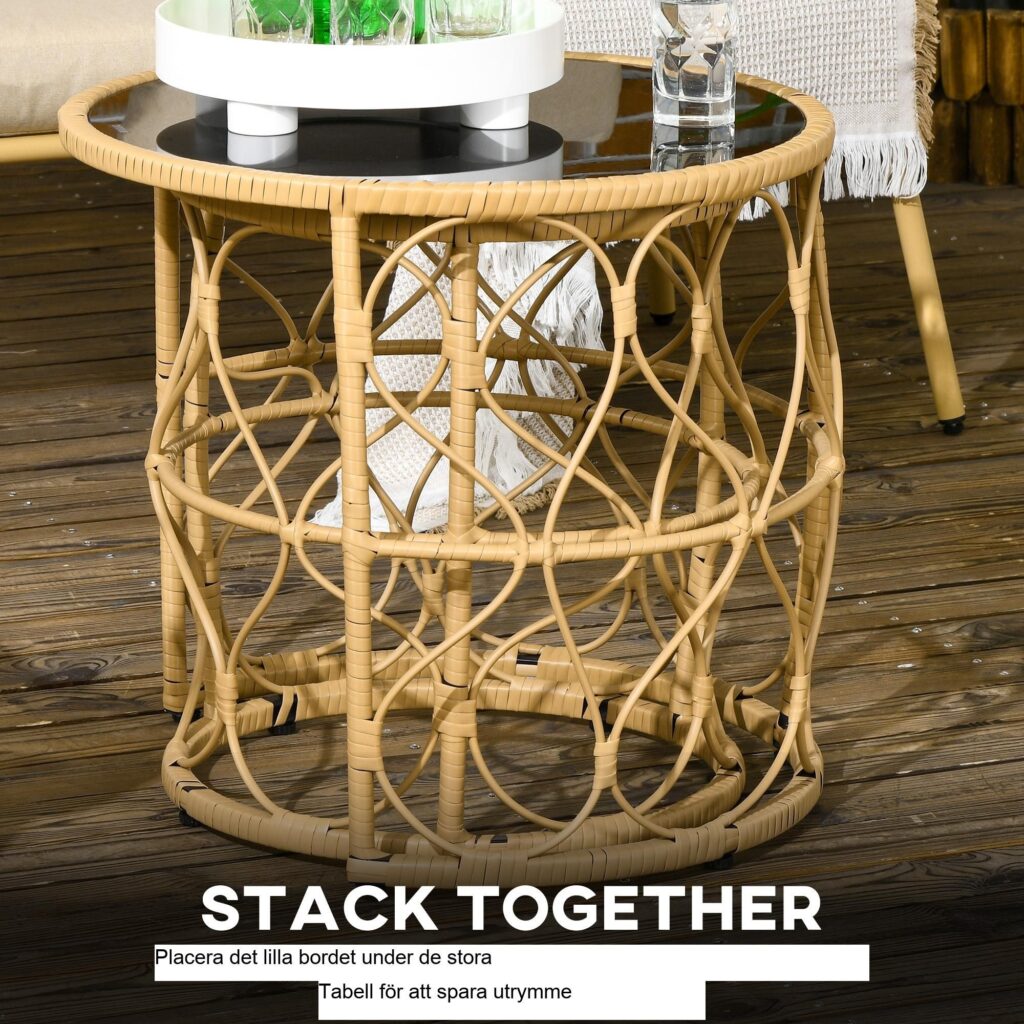 Set med 2 sidobord i rotting med glasskiva | Stapelbar design för platsbesparande lösningar | Boho Style soffbord set för inomhus- och utomhusbruk