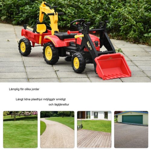 Tramptraktorgrävmaskin med frontlastare för barn – autentisk körupplevelse | Röd, 179x42x59cm, Hållbar design