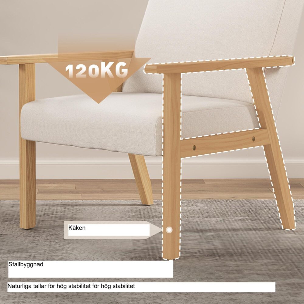 Bekväm fåtölj med armstöd – Skandinavisk design, ram i massivt trä | Gräddvit