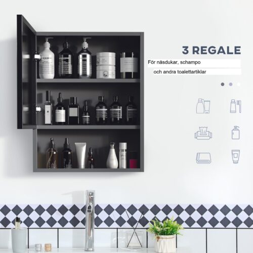 Väggmonterat spegelskåp i rostfritt stål med 2 innerhyllor och öppen glashylla – platsbesparande design, mjukstängande spegeldörrar, hållbar konstruktion för små utrymmen