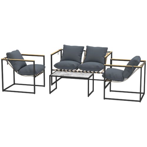 Trädgårdsmöbler i stål set 4-delad väderbeständig balkonggrupp med bekväm 2-sits soffa, fåtöljer, sittdynor, sidobord – slitstark stålram, snygg design för utomhusbruk