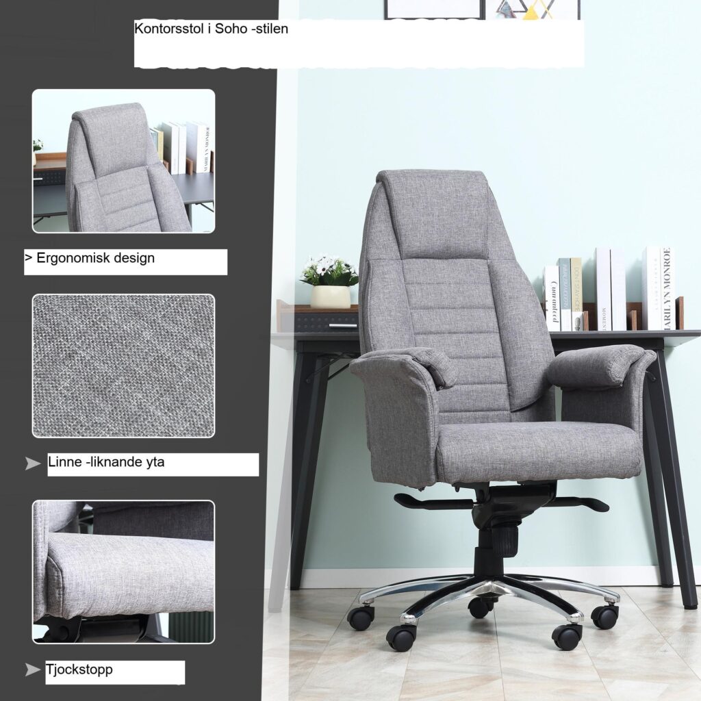 Ergonomisk kontorsstol svängbar med armstöd och höjdjustering | SOHO-design, konstlinne ljusgrå, fällbart ryggstöd upp till 120°, maximal lastkapacitet 120 kg