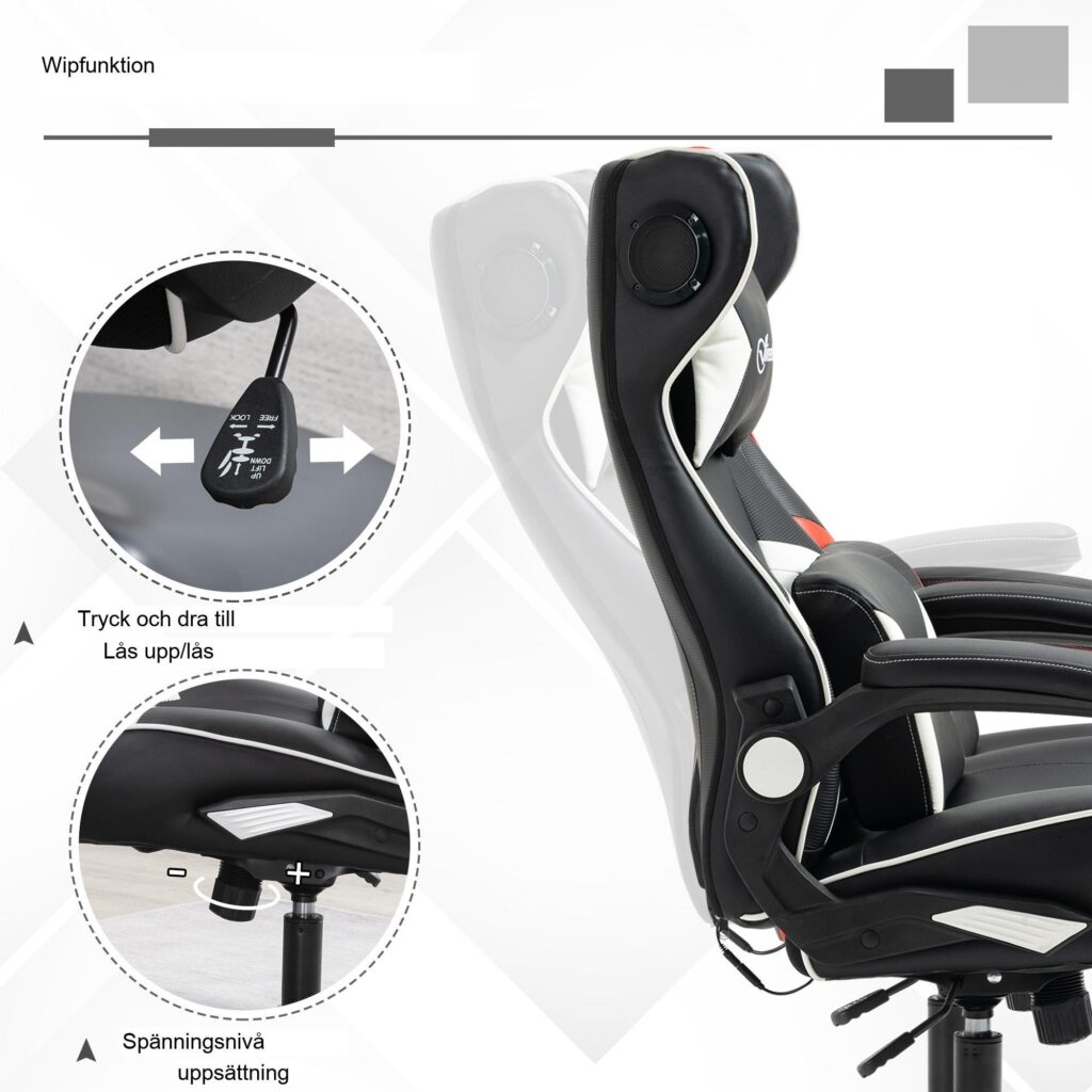 Rocker Gaming Chair - Ergonomisk, höj- och sänkbar kontorsstol med inbyggda Bluetooth-högtalare, fällbara armstöd, svank- och nackstöd