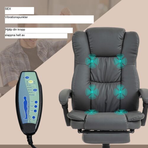 Executive kontorsstol med snurrmassagefunktion, 6 vibrationspunkter, ergonomisk lutningsfunktion, mörkgrå konstläder