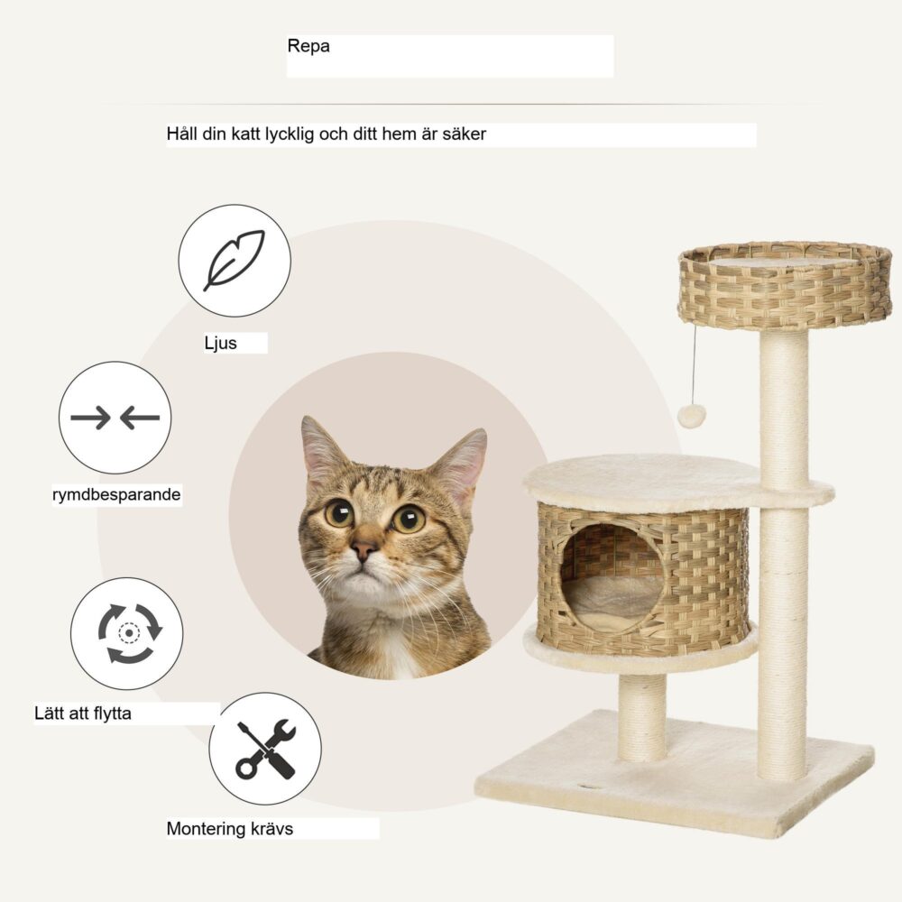 Klösträd rotting med kattgrotta och bollleksak – Allt-i-ett lek- och klöscenter för små katter | Robust konstruktion med naturligt sisalrep