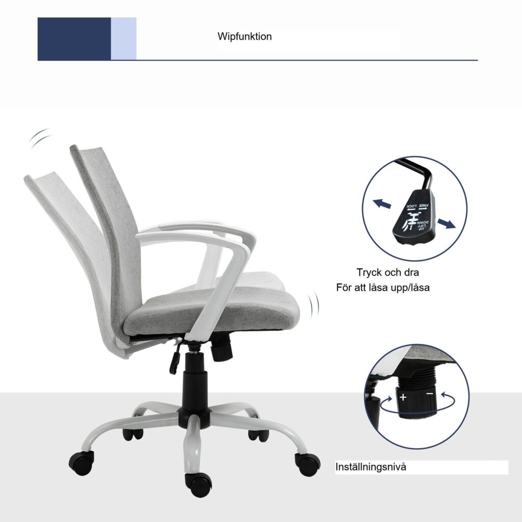 Ergonomisk kontorsstol med justerbar höjd och gungfunktion - 360 ° roterbar, maximal belastning 120 kg, andningsbar linnedesign