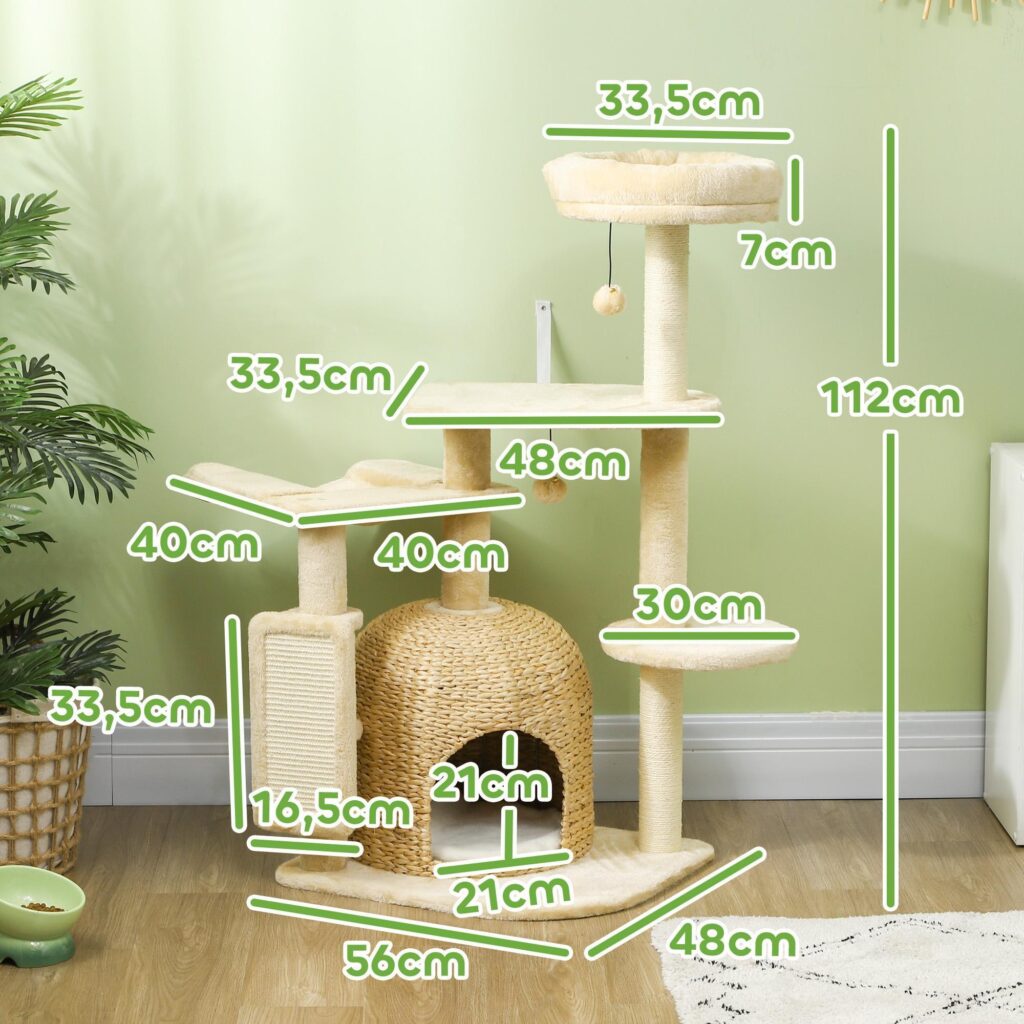 112 cm klösträd med flera nivåer och mjuk bädd för ultimat komfort - robust och säkert klösträd med klösträd i naturlig sisal