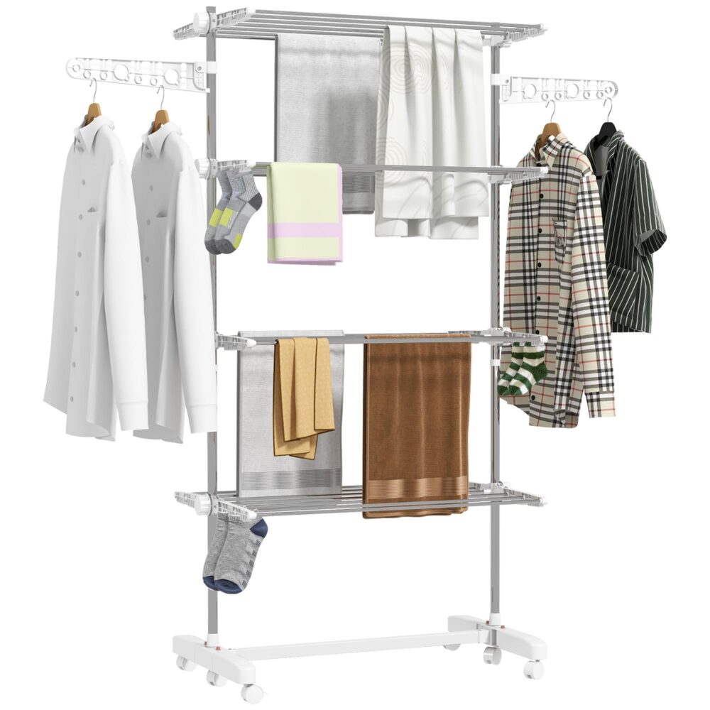 Foldbar mobil tvättställ med 4 nivåer, rymdbesparande design, rullar för enkel rörelse, hållbar stålkonstruktion