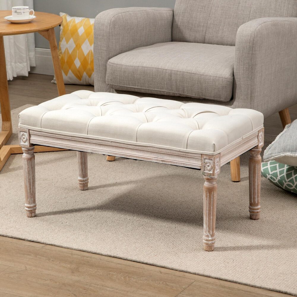 Vintage ottomansk bänk i fransk stil med stoppad sits i linnelook | Bekväma sittplatser och stadiga träben som stöder upp till 120 kg
