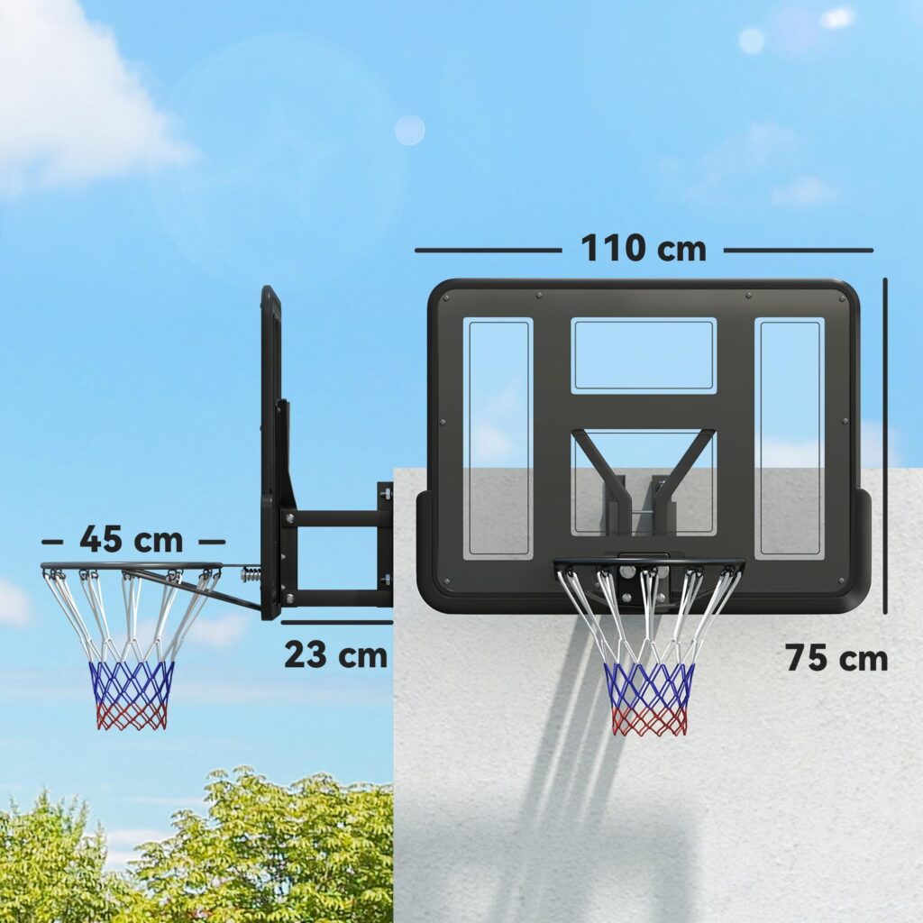 Basketkorg väggfäste för utomhus- och inomhusbruk, okrossbar 110x75cm bakpanel, fjäderaktiverad ring för säkerhet, hållbar stålram med medföljande hårdvara