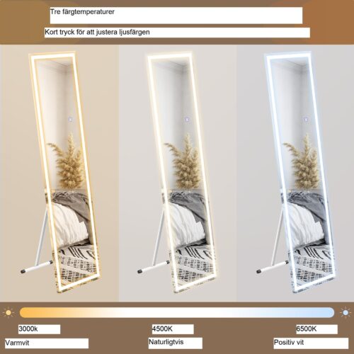 Hellång spegel 40x150cm med justerbar LED-belysning (3 ljusfärger) | Enknappskontroll och minnesfunktion | Alternativ för väggmontering
