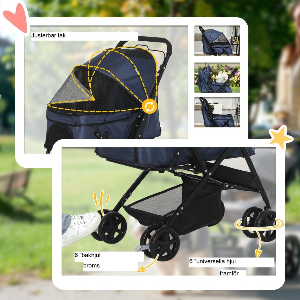 Barnvagn för husdjur Katt Buggy Oxford Blå | Rymlig korg med justerbar sufflett och fyra hjul med bromsar - vikbar lättviktsdesign för små husdjur