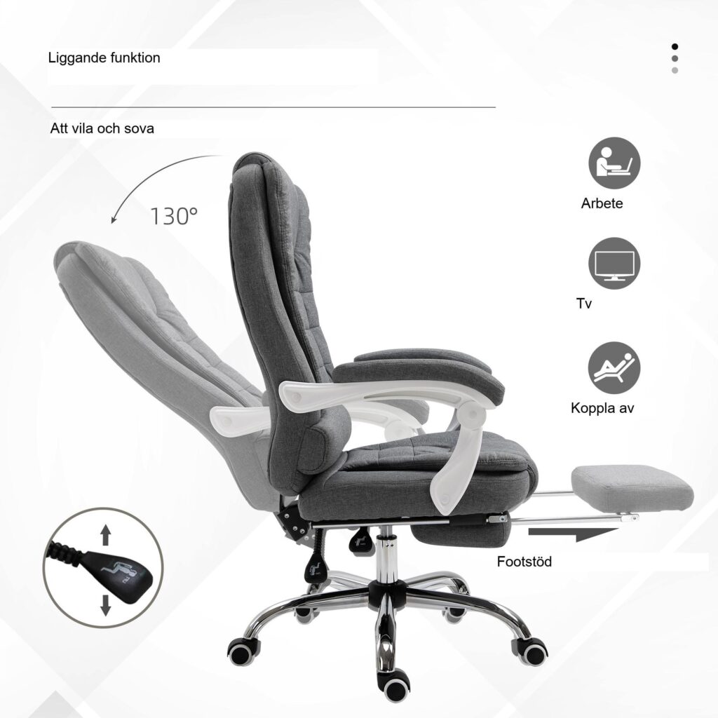 Justerbar ergonomisk skrivbordsstol med fällbart fotstöd och 5-hjuls svängbar för komfort på hemmakontoret