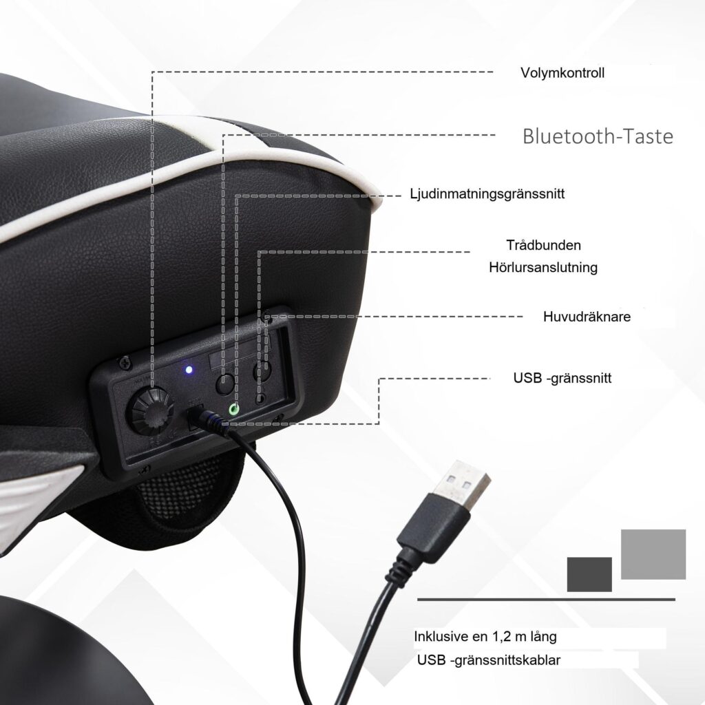 Rocker Gaming Chair - Ergonomisk, höj- och sänkbar kontorsstol med inbyggda Bluetooth-högtalare, fällbara armstöd, svank- och nackstöd