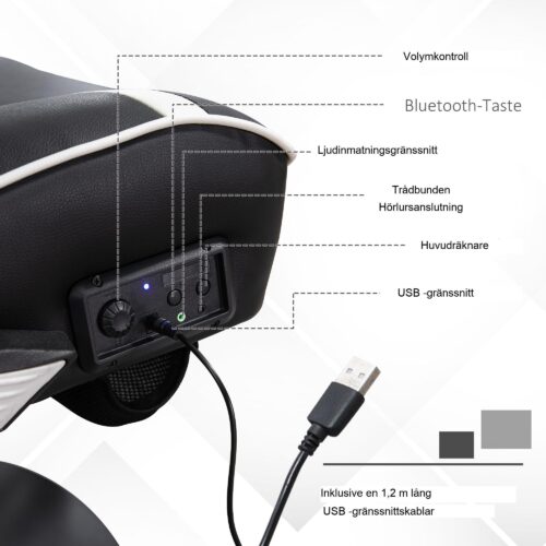 Rocker Gaming Chair – Ergonomisk, höj- och sänkbar kontorsstol med inbyggda Bluetooth-högtalare, fällbara armstöd, svank- och nackstöd