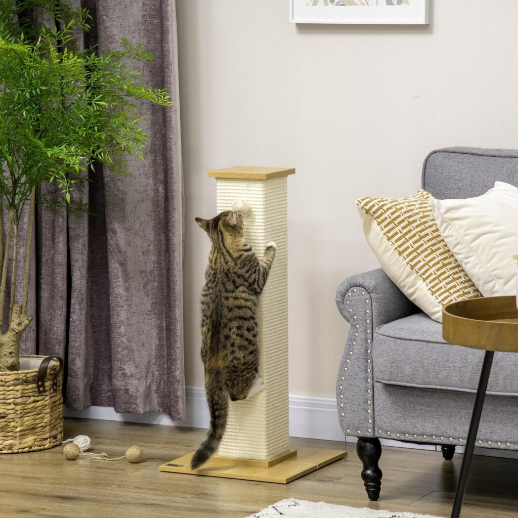 Klösstolpe för katter 80 cm hög för full stretch och dinglande bollkul - Stabil sisalrepskonstruktion med platsbesparande design