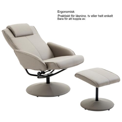 Fåtölj TV Fåtölj 360° svängbar med fotstöd – Bekväm och ergonomisk design för maximal avkoppling. Slitstark grå konstläderkonstruktion, stålram, stöder upp till 120 kg