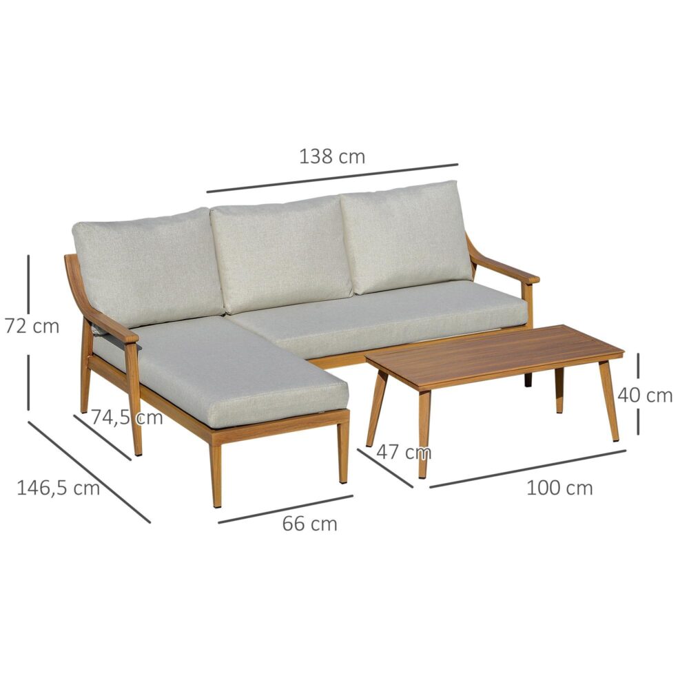 3-delat trädgårdsmöbelset med dubbelsoffa, schäslong och bord – bekväma sittplatser för utomhusunderhållning, väderbeständig rotting och lamellbordsdesign
