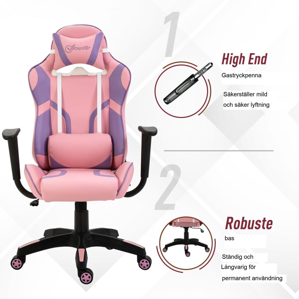 Ergonomisk spelstol med justerbar höjd och massagekudde i ländryggen - rosa och violett racingstil