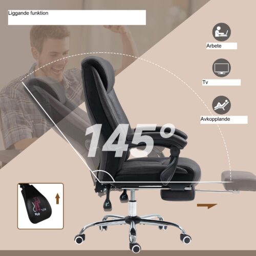 Ergonomisk kontorsstol med 145° lutning och fotstöd – Höjdjusterbart, slitstarkt mikrofibertyg, stöder upp till 120 kg