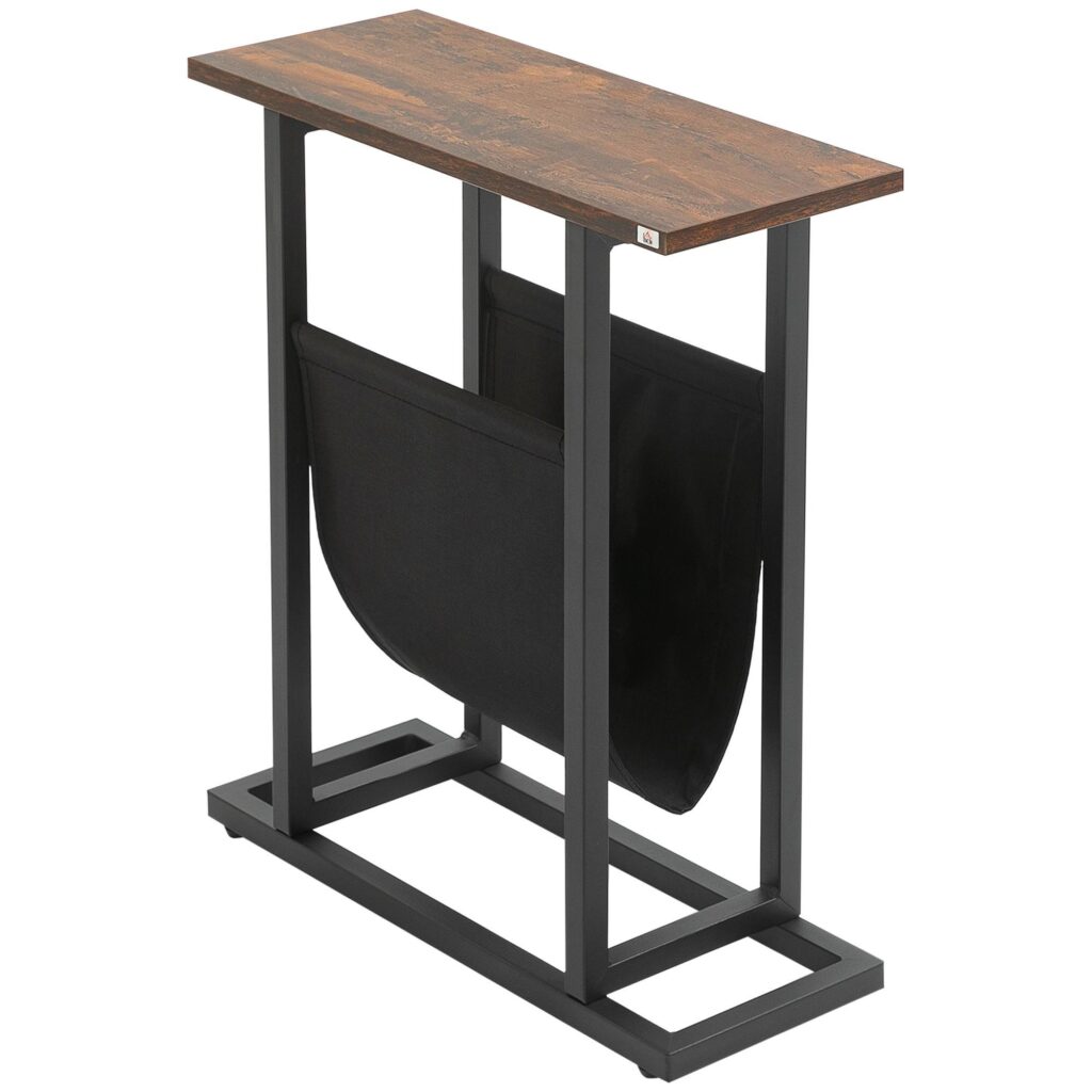 Mörkbrunt och svart kompakt sidobord soffbord med tygpåse - platsbesparande och robust för sovrum eller vardagsrum
