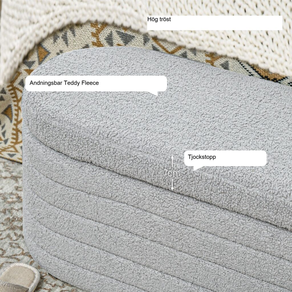 Stoppad bäddbänk med mjuk stoppning och dold förvaring - robusta träben, 120 kg lastkapacitet, ingen montering krävs | Ljusgrå, 116x41x40.5cm