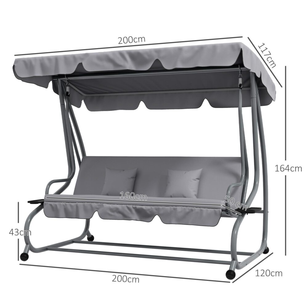 Hollywood Swing 3-sits med liggande funktion | Förvandla till sängen, justerbart tak, vikbara sidobord | Lastkapacitet 340 kg, väderbeständig design