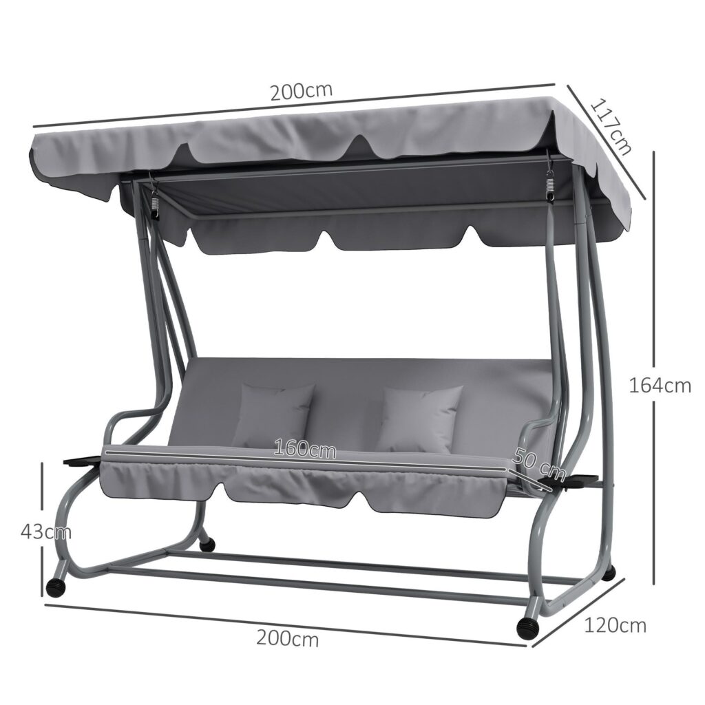 Hollywood Swing 3-sits med liggande funktion | Förvandla till sängen, justerbart tak, vikbara sidobord | Lastkapacitet 340 kg, väderbeständig design