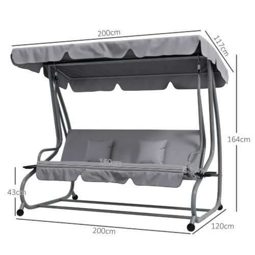 Hollywood Swing 3-sits med liggande funktion | Förvandla till sängen, justerbart tak, vikbara sidobord | Lastkapacitet 340 kg, väderbeständig design