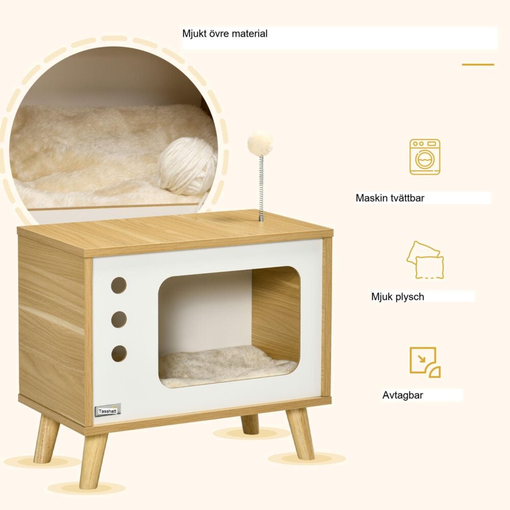 Katthus i TV-stil med inbyggt nattduksbord och mjuk kudde – modern design för katter och heminredning