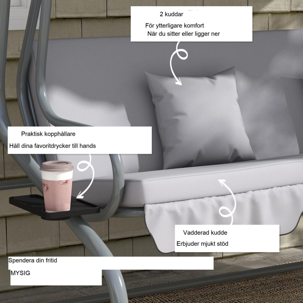 Hollywood Swing 3-sits med liggande funktion | Förvandla till sängen, justerbart tak, vikbara sidobord | Lastkapacitet 340 kg, väderbeständig design