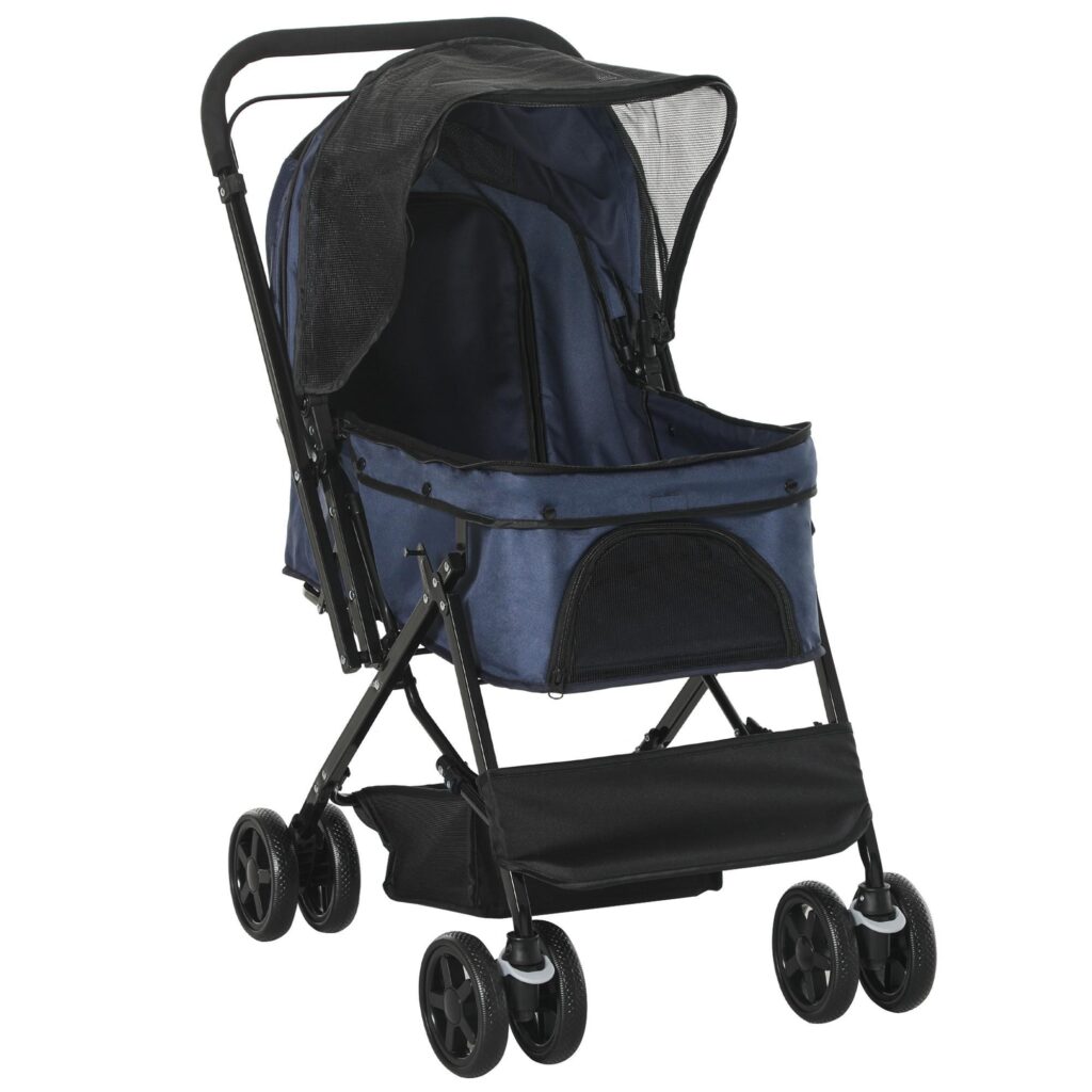 Barnvagn för husdjur Katt Buggy Oxford Blå | Rymlig korg med justerbar sufflett och fyra hjul med bromsar - vikbar lättviktsdesign för små husdjur