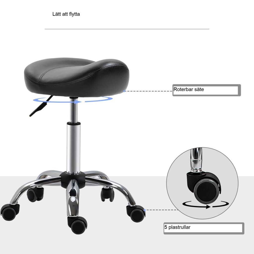 Ergonomisk höjdjusterbar rullstol med vadderat syntetiskt lädersäte, 360 ° roterande och mobil