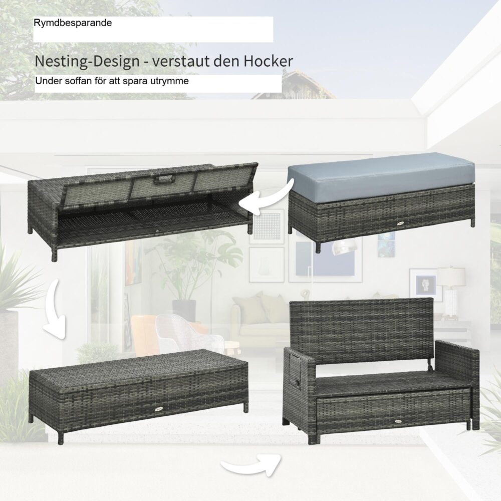 2-sits trädgårdssoffa med pall | Multifunktionell loungesoffa och förvaring ottoman – hög komfort, väderbeständig design