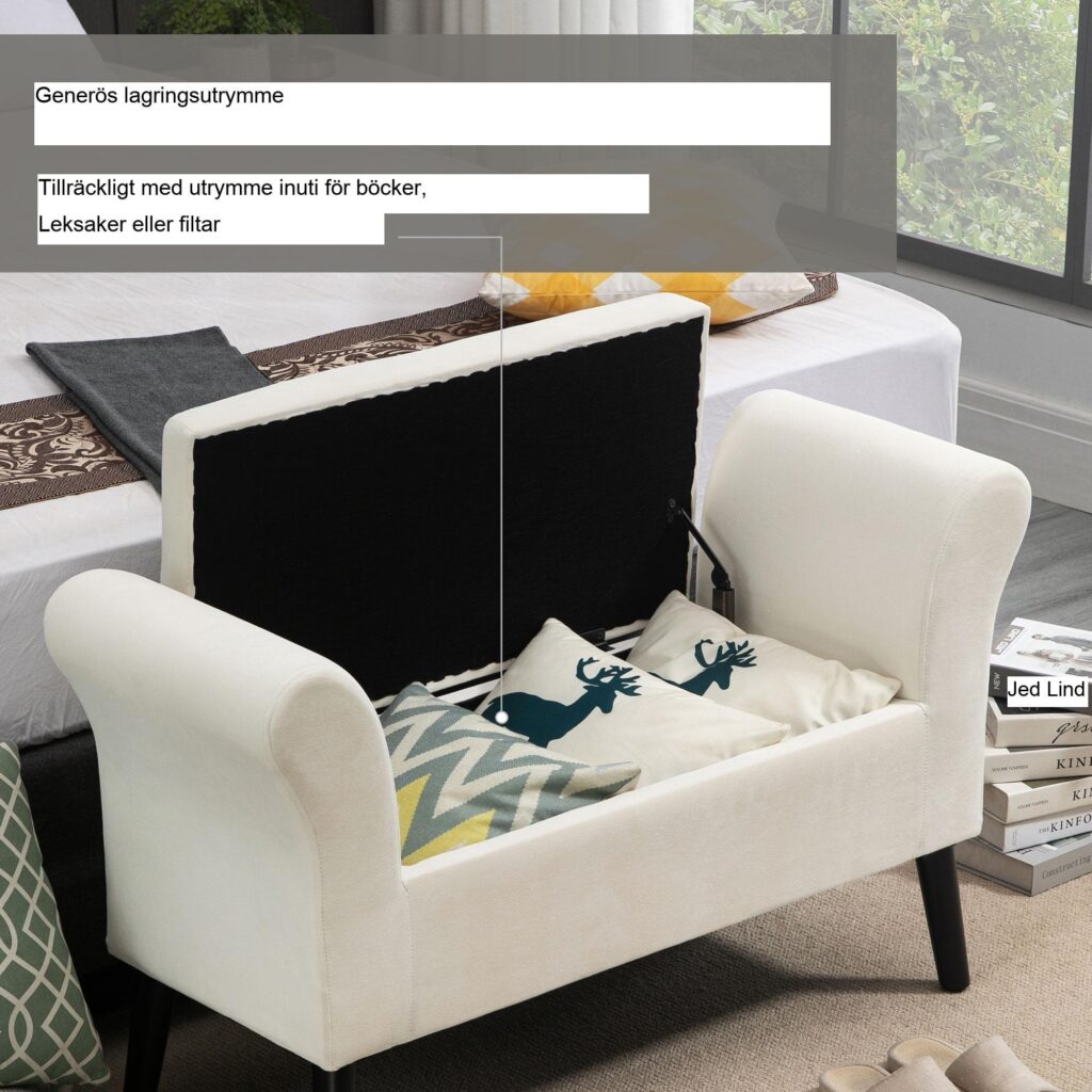 Bänk Klädd Bänk med Förvaring Säng Bänk med armstöd för Hall Sovrum Sammetslen Polyester 111.5 x 41 x 65 cm Gräddvit
