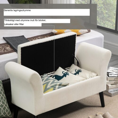 Bänk Klädd Bänk med Förvaring Säng Bänk med armstöd för Hall Sovrum Sammetslen Polyester 111.5 x 41 x 65 cm Gräddvit