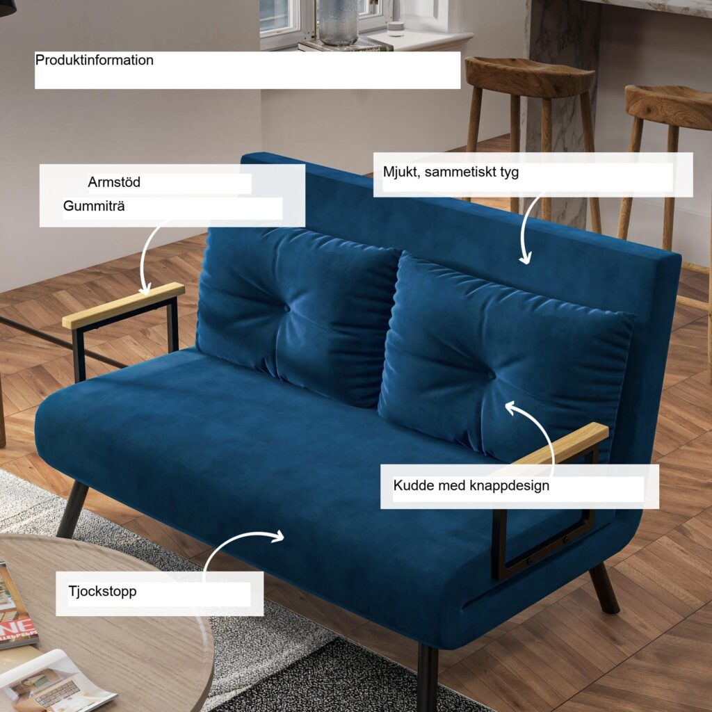 Bäddsoffa Fåtölj med Sängfunktion | Justerbar ryggstöd vilstol, sammetsklädsel, platsbesparande design för små utrymmen, stålramskonstruktion, blå 102x73x81cm