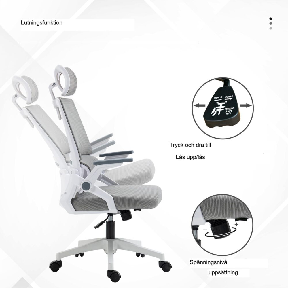Ergonomisk kontorsstol med justerbart nackstöd och armstöd, lutningsfunktion för ryggstöd, TÜV-certifierad gaslyft, andningsbart meshtyg