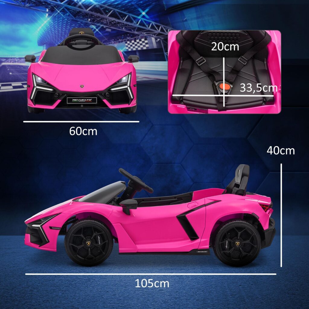 Elbil för barn 12V Lamborghini Revuelto inspirerad design med fjärrkontroll och musik - hydrauliska dörrar, upphängningssystem, interaktiva lampor, horn och reversibel funktion för barn 3-5 år, rosa