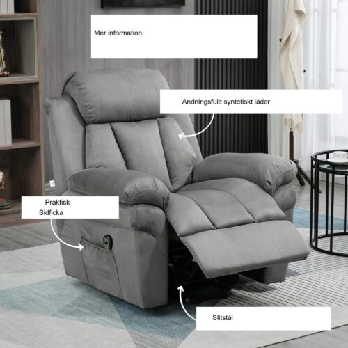 Elektrisk fåtölj med ståfunktion, fjärrkontroll och lutning upp till 150° i ljusgrå läderimitation