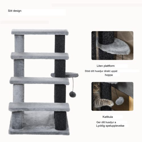 Förhöjd katttrappa 64Hcm hög för gamla katter med jute klösstolpe och plyschleksaksboll – lätt och bärbar design