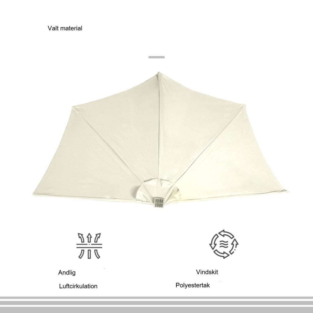 Halvcirkelformat 265x240 cm halvparasoll med soldrivna LED-lampor - enkel montering och platsbesparande design