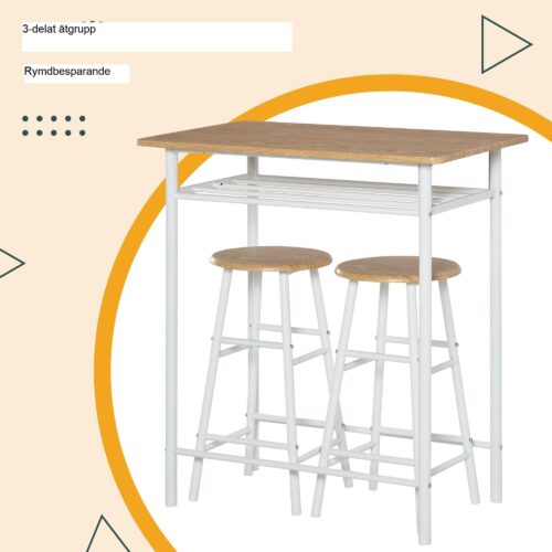 3-delat barbordsset med platsbesparande design och integrerad förvaringshylla – industriell stil och robust konstruktion