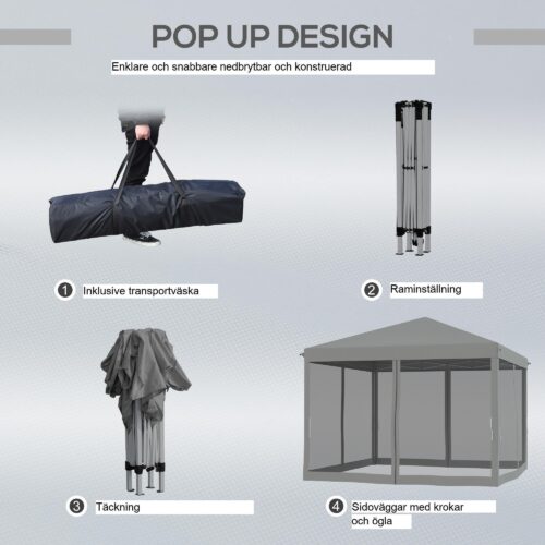 Pop-up lusthus 3x3m med sidoväggar för trädgård och evenemang – robust metallram, vattenavvisande tyg, insektsskydd, enkel montering