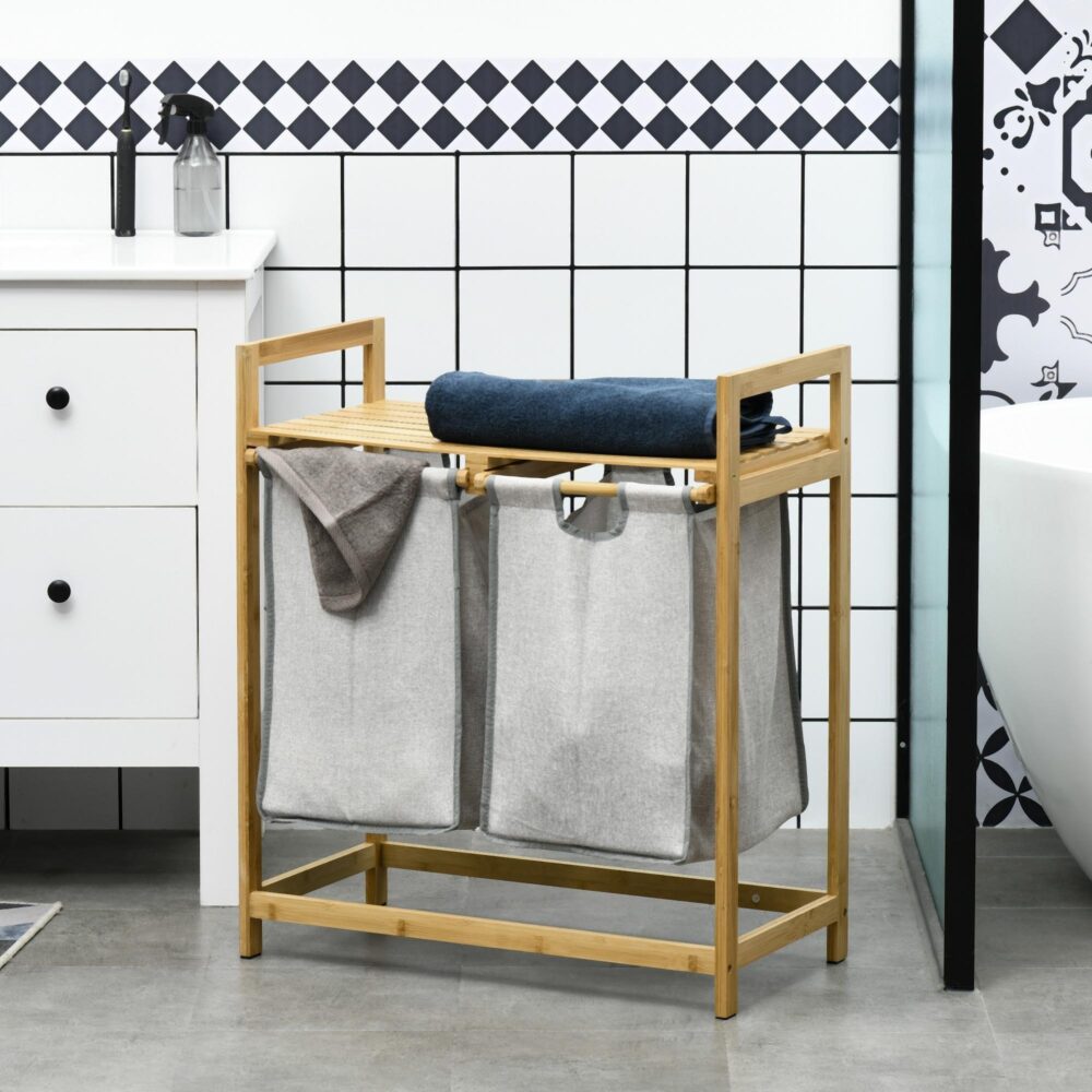 Tvättkorg 81,2 L med två löstagbara påsar | Bambumaterial och lamellhyllor för bättre luftcirkulation | Enkel lösning för sortering och förvaring