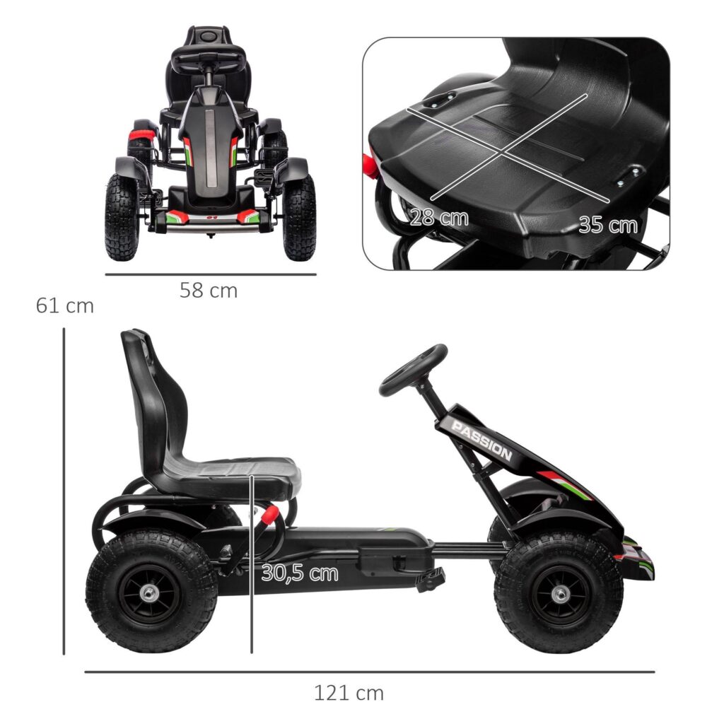 Svart gokart för barn med handbroms och justerbart säte - gummidäck, inget batteri krävs