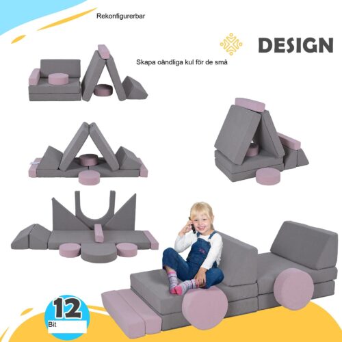 Modulsoffgrupp för barn med 12 delar mjuka byggklossar – uppmuntrar kreativitet, säkerhet och enkel rengöring för småbarn från 18 månader+