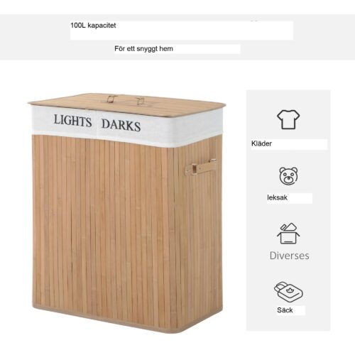 100L tvättkorg i bambu med lock och avtagbar tygsäck – hållbara handtag för enkel transport och mångsidiga förvaringslösningar
