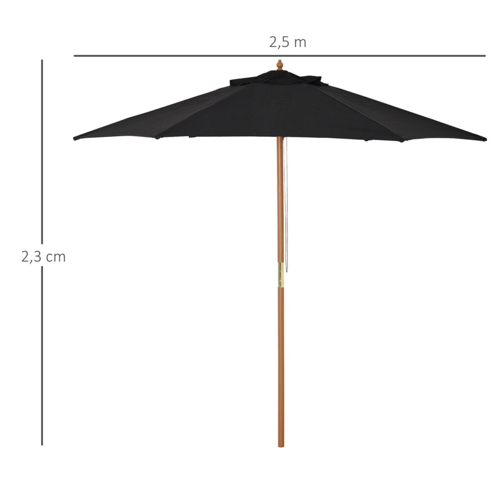 Parasoll Trädgård Parasoll 2,5m UV-skydd | Konstruktion av bambu och polyester | Enkel installation med dragsnöre och justerbar design för uteplats, trädgård eller balkong - svart färg