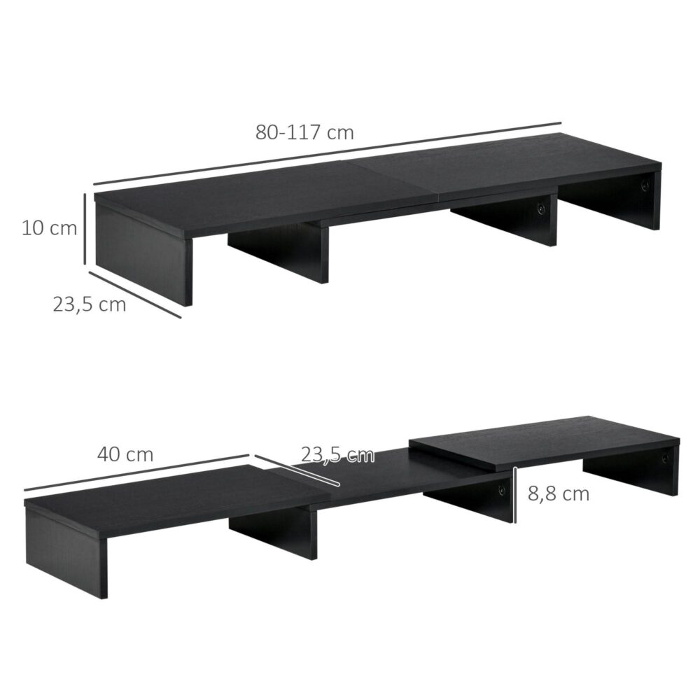 Ergonomisk justerbar bildskärmsstativ med dubbel skärmstöd, trippelagringshyllor och rymdbesparande design för nackelättande – MDF -material, svart färg